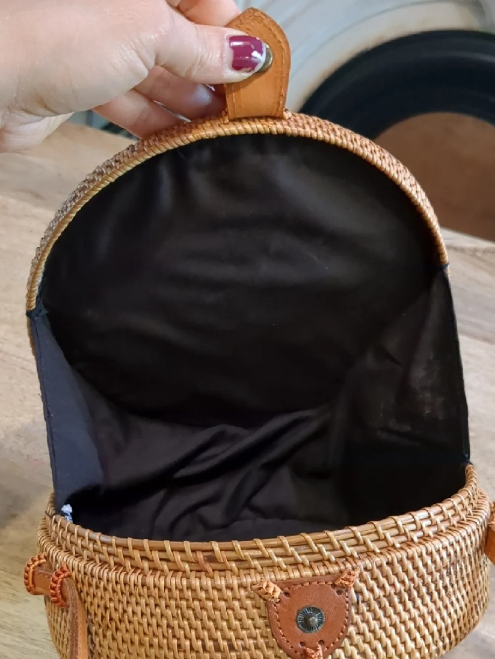 Woven Round Crossbody Bag in Natural Tan - Picture 8 of 11
